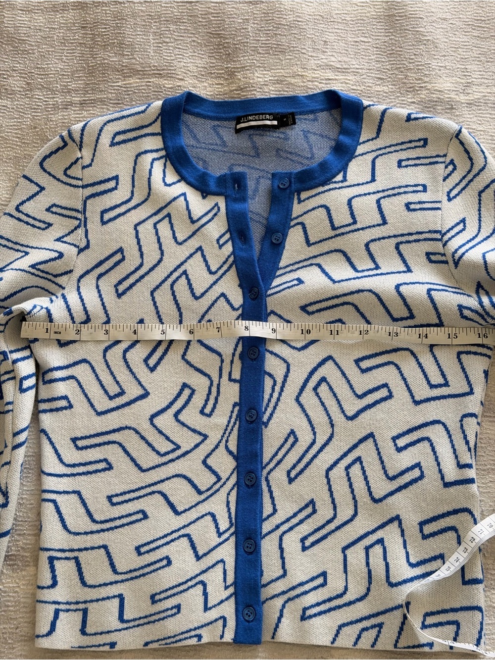 J.Lindeberg White Cardigan Jacket with Blue Geometric Trim, Size S - Picture 8 of 11
